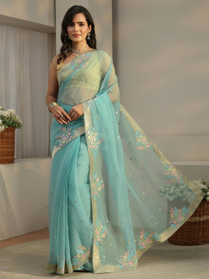 Libas Powder Blue Floral Embroidered Organza Saree