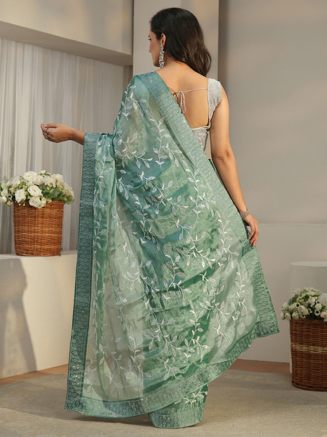 Libas Sea Green Floral Embellished Tissue Saree