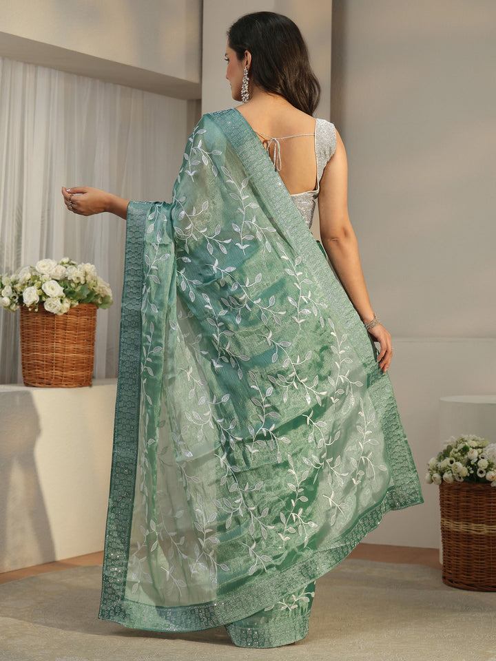 Libas Sea Green Floral Embellished Tissue Saree