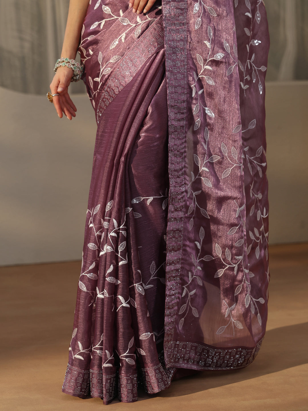 Libas Mauve Floral Embellished Tissue Saree