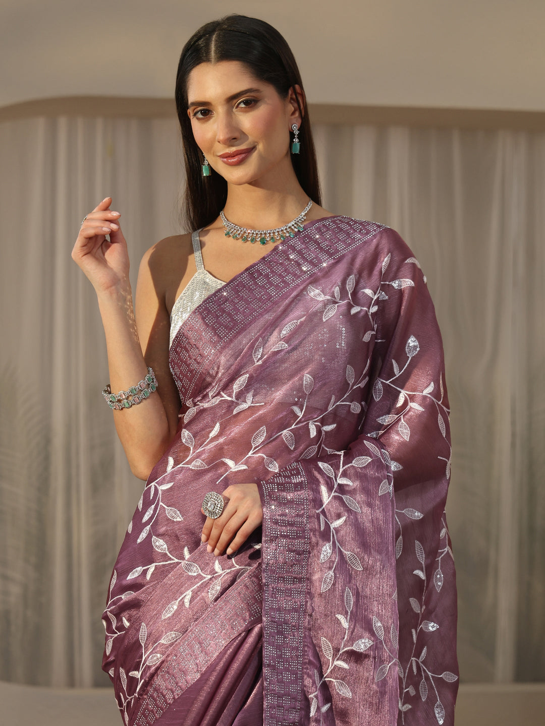 Libas Mauve Floral Embellished Tissue Saree
