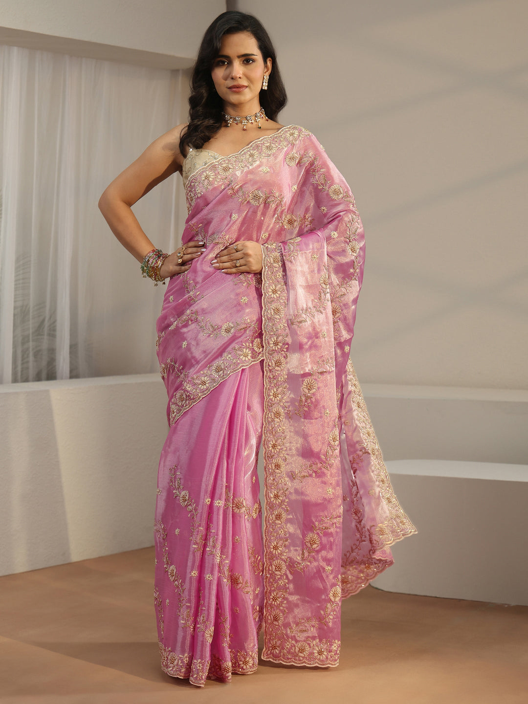 Libas Pink Floral Embroidered Tissue Saree