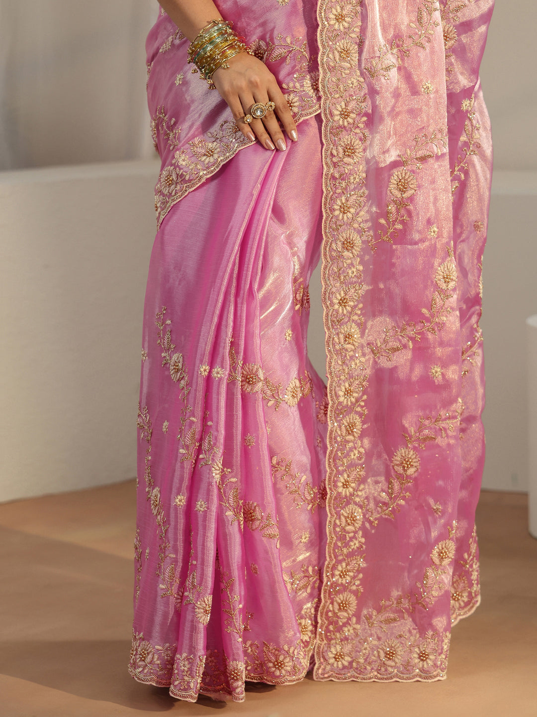 Libas Pink Floral Embroidered Tissue Saree