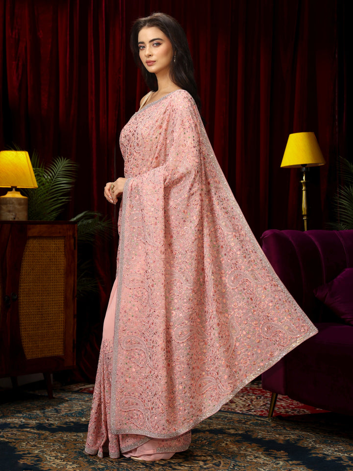 Libas Peach Pink Paisley Embroidered Georgette Saree