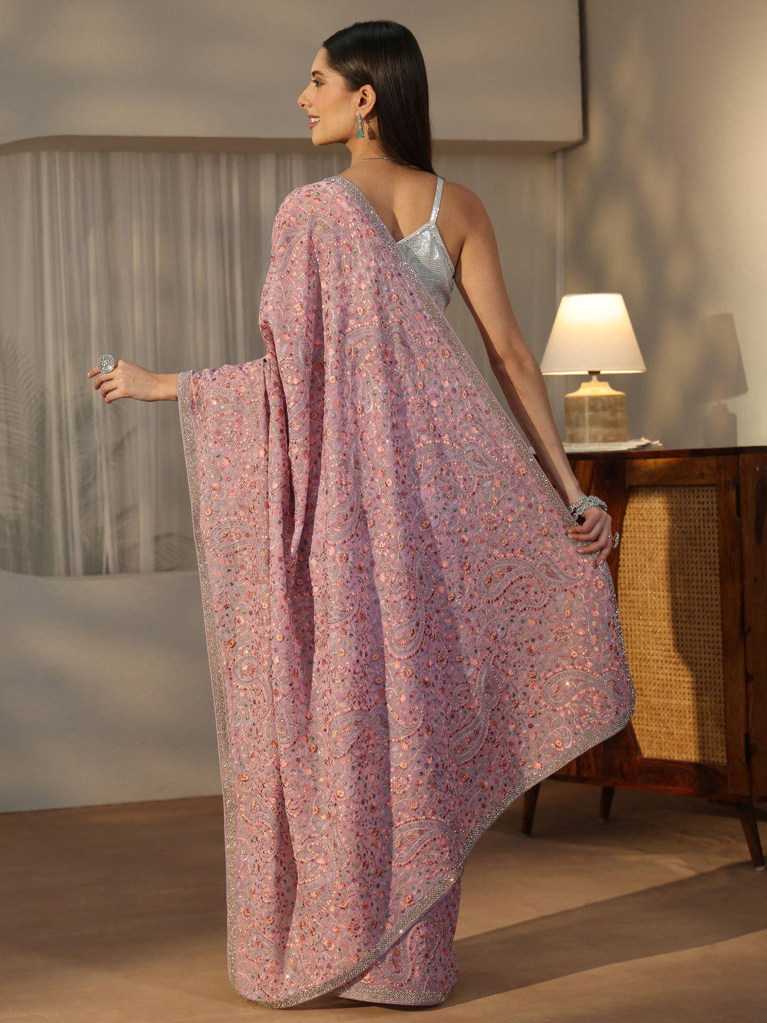 Libas Lavender Embroidered Georgette Saree