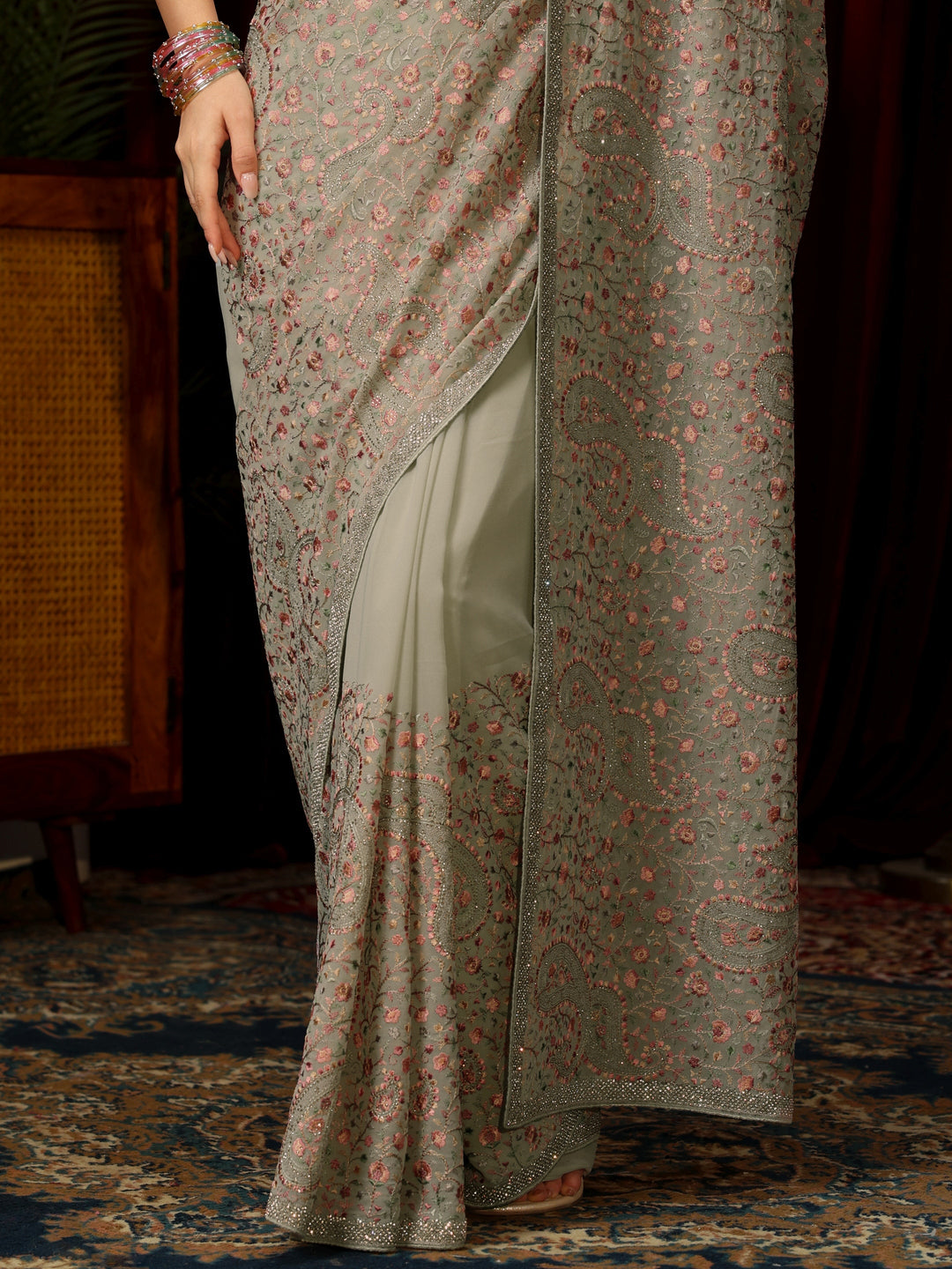 Libas Green Paisley Embroidered Georgette Saree