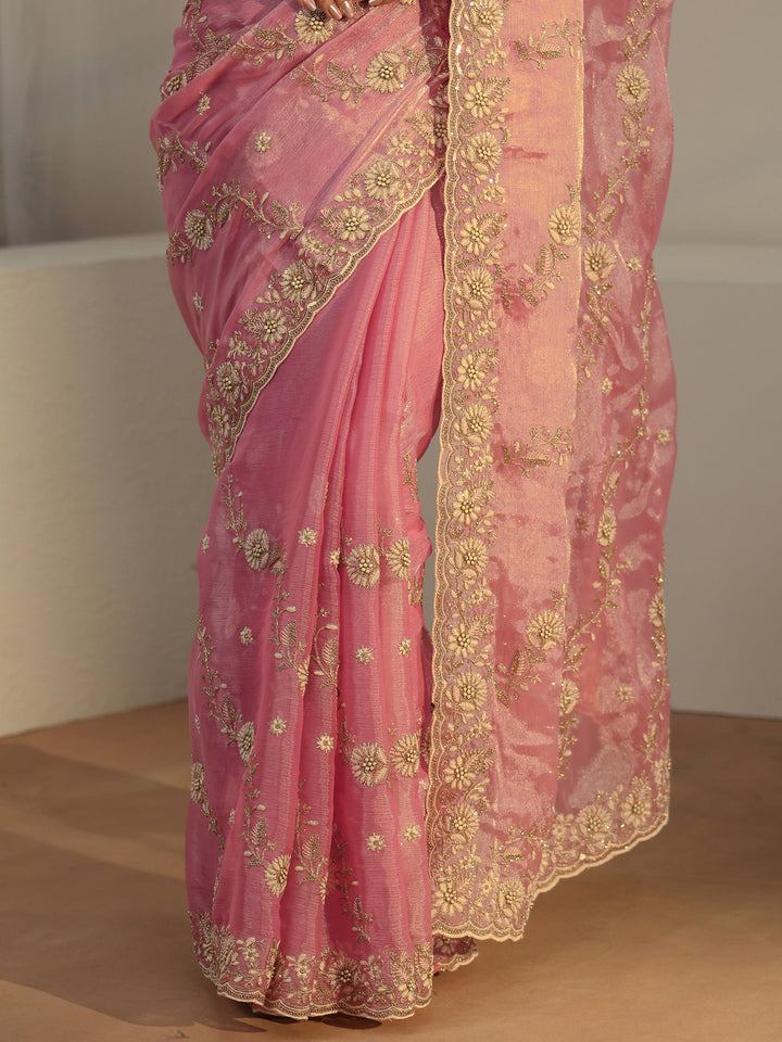Libas Dusty Pink Floral Embroidered Tissue Saree