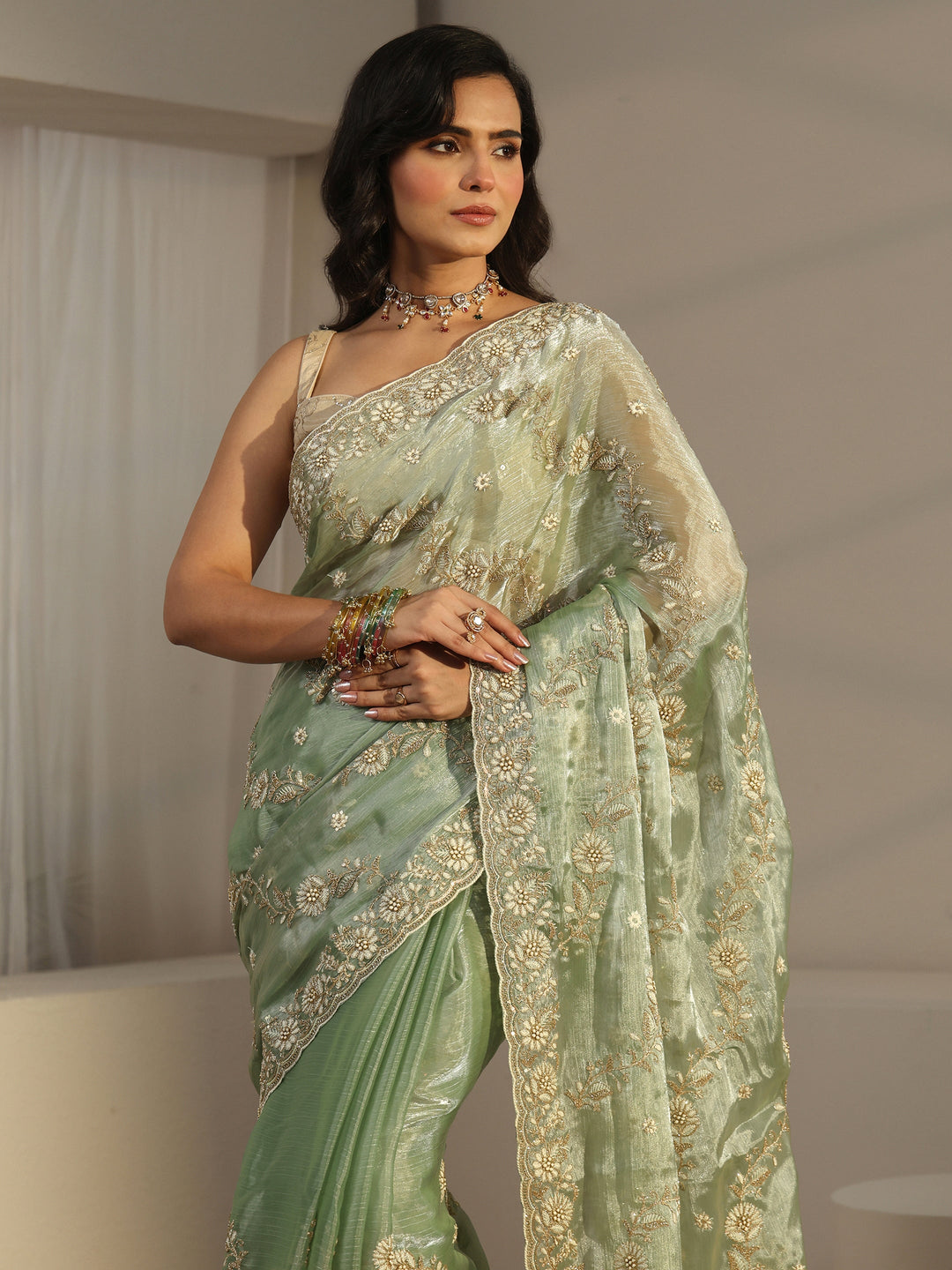 Libas Pista Green Floral Embroidered Tissue Saree