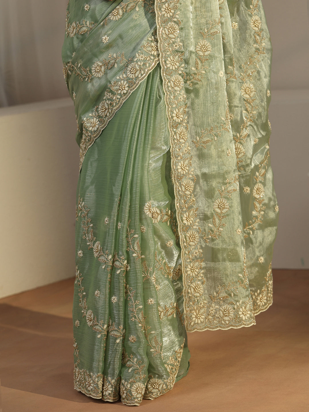 Libas Pista Green Floral Embroidered Tissue Saree
