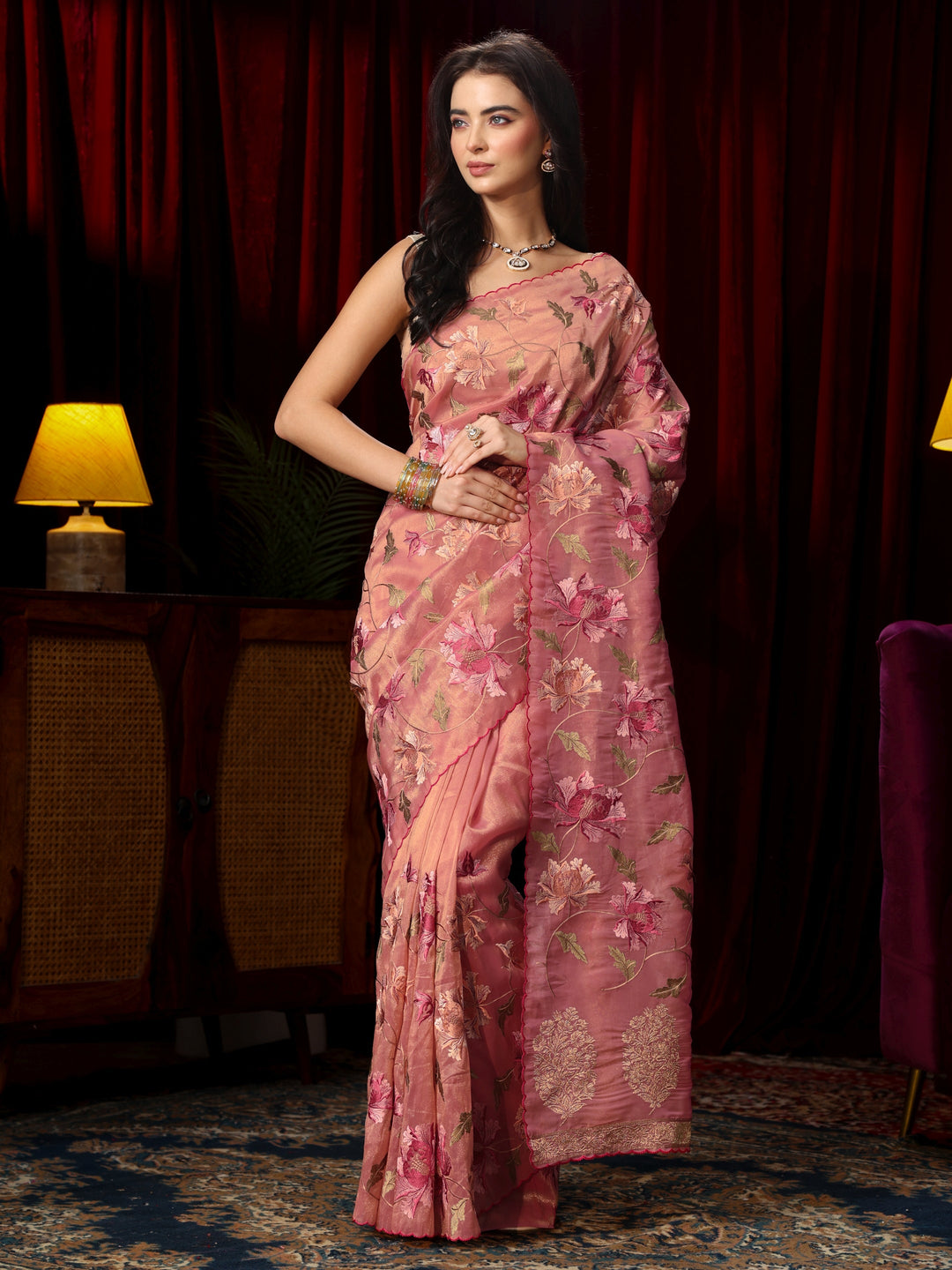 Libas Peach Pink Floral Embroidered Organza Saree