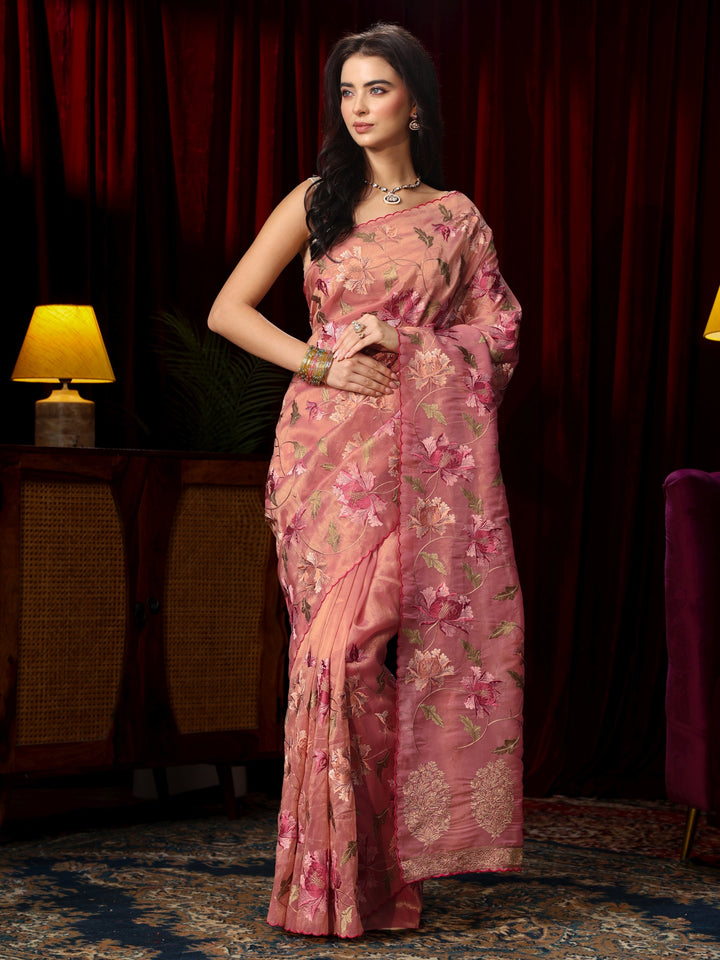 Libas Peach Pink Floral Embroidered Organza Saree
