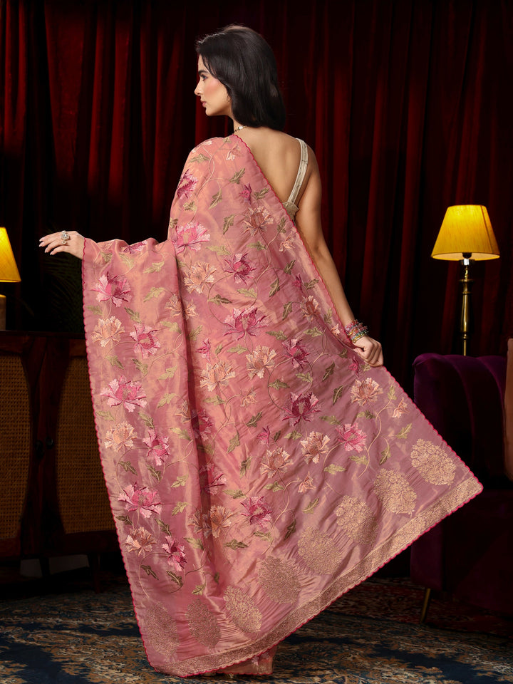 Libas Peach Pink Floral Embroidered Organza Saree