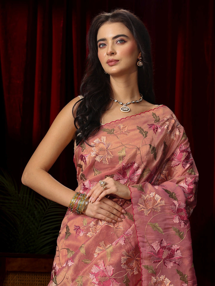 Libas Peach Pink Floral Embroidered Organza Saree