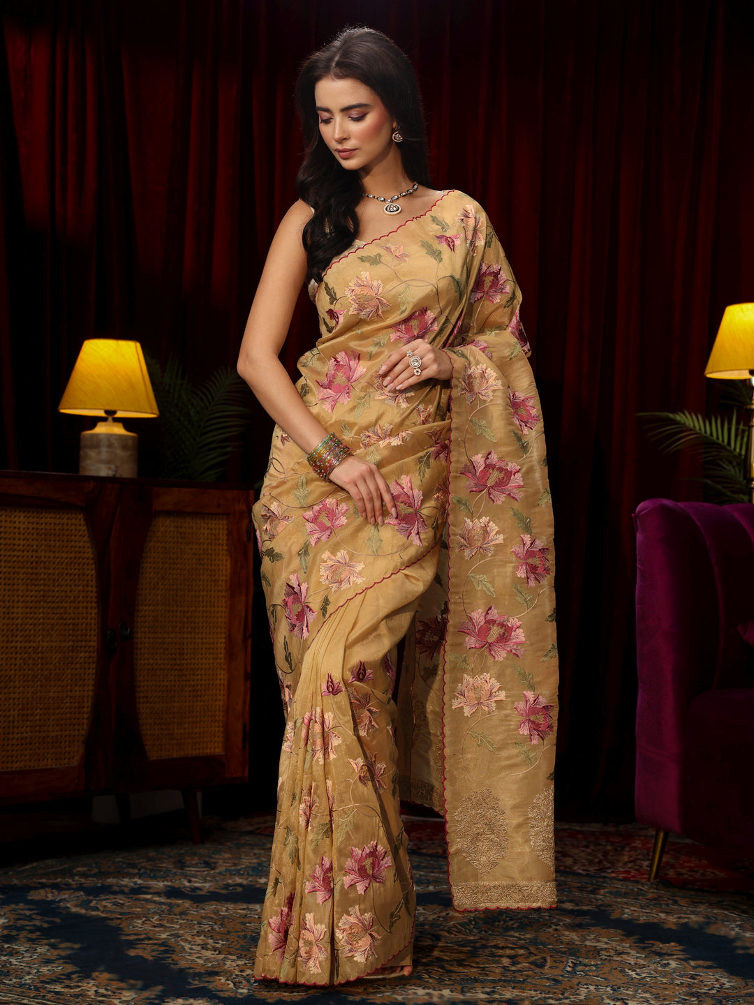 Libas Beige Floral Embroidered Organza Saree