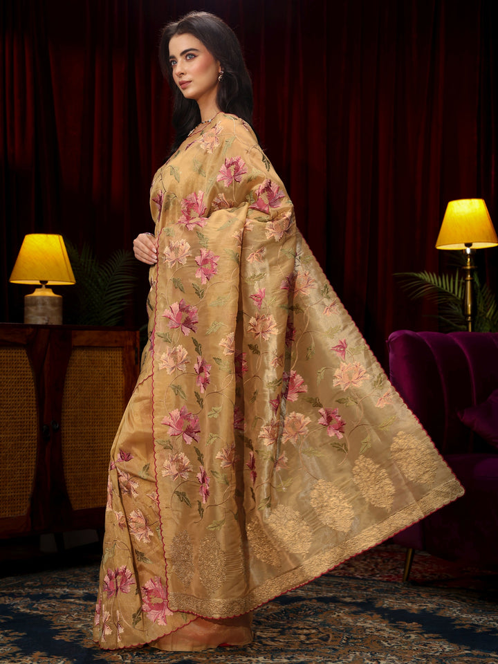 Libas Beige Floral Embroidered Organza Saree