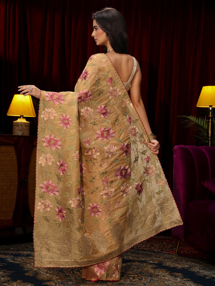 Libas Beige Floral Embroidered Organza Saree