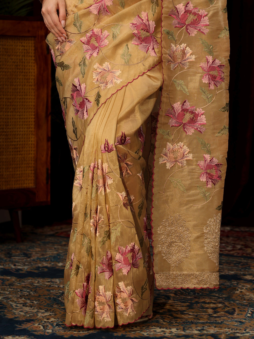 Libas Beige Floral Embroidered Organza Saree