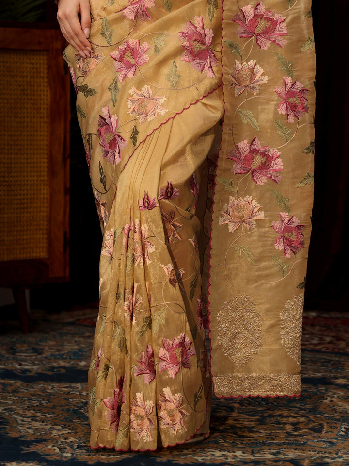 Libas Beige Floral Embroidered Organza Saree