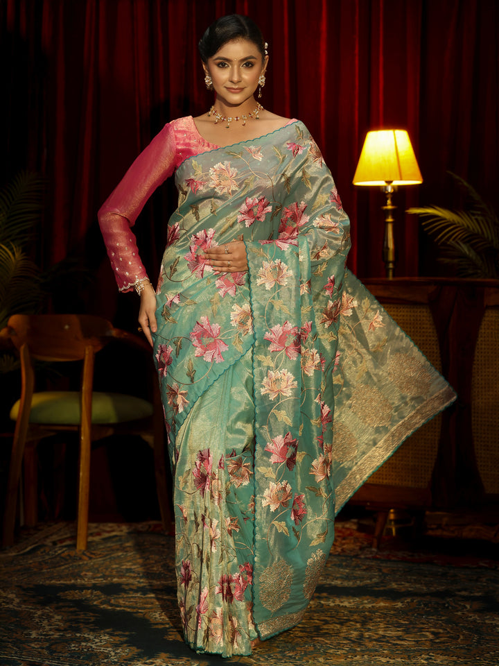 Libas Sea Green Floral Printed Organza Saree