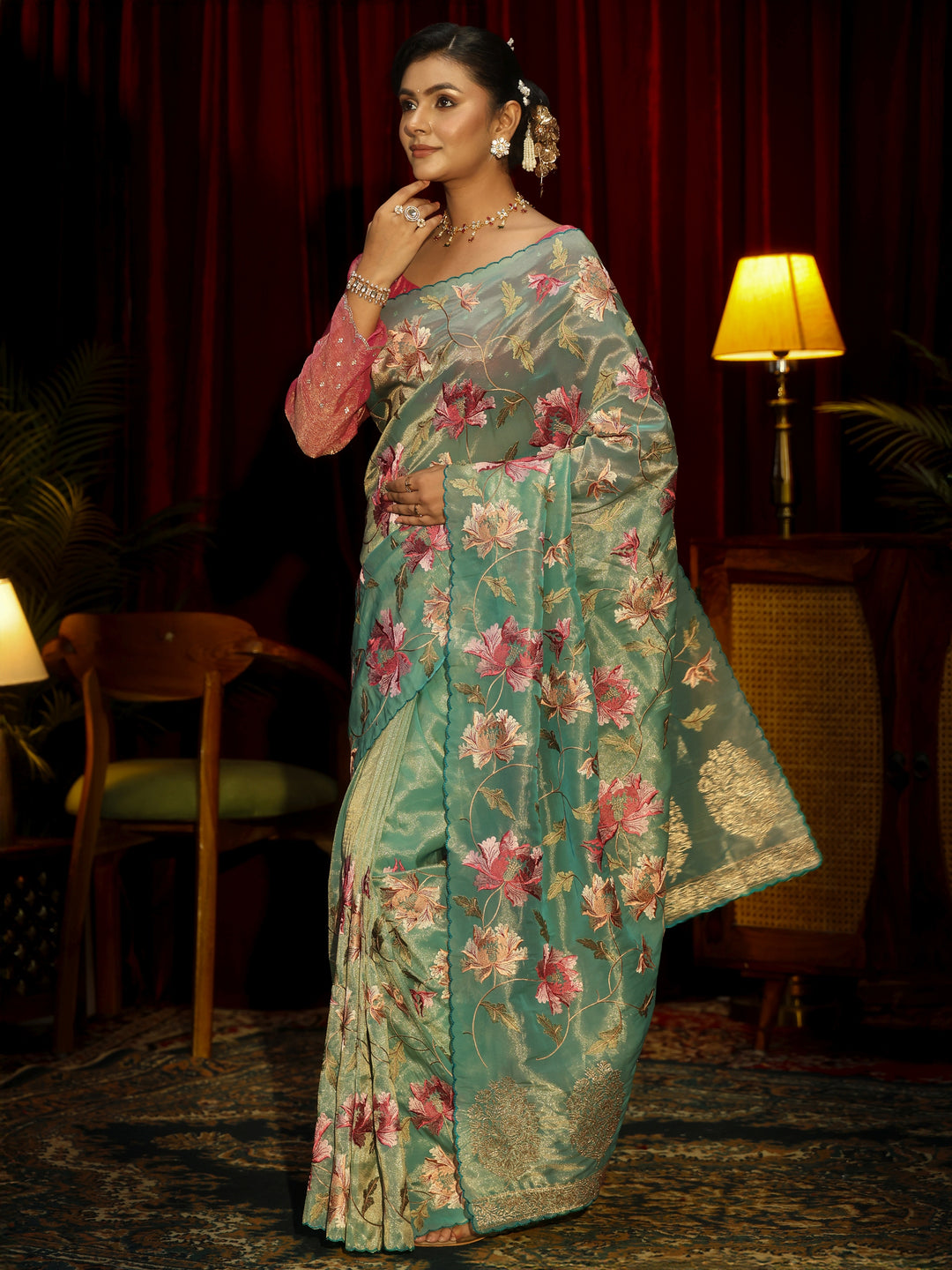 Libas Sea Green Floral Printed Organza Saree
