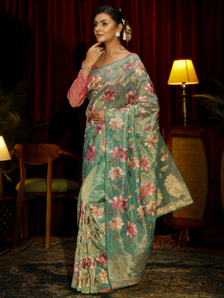 Libas Sea Green Floral Printed Organza Saree