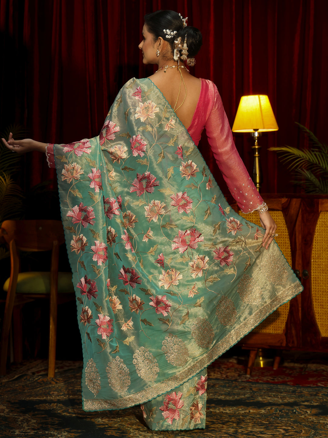 Libas Sea Green Floral Printed Organza Saree