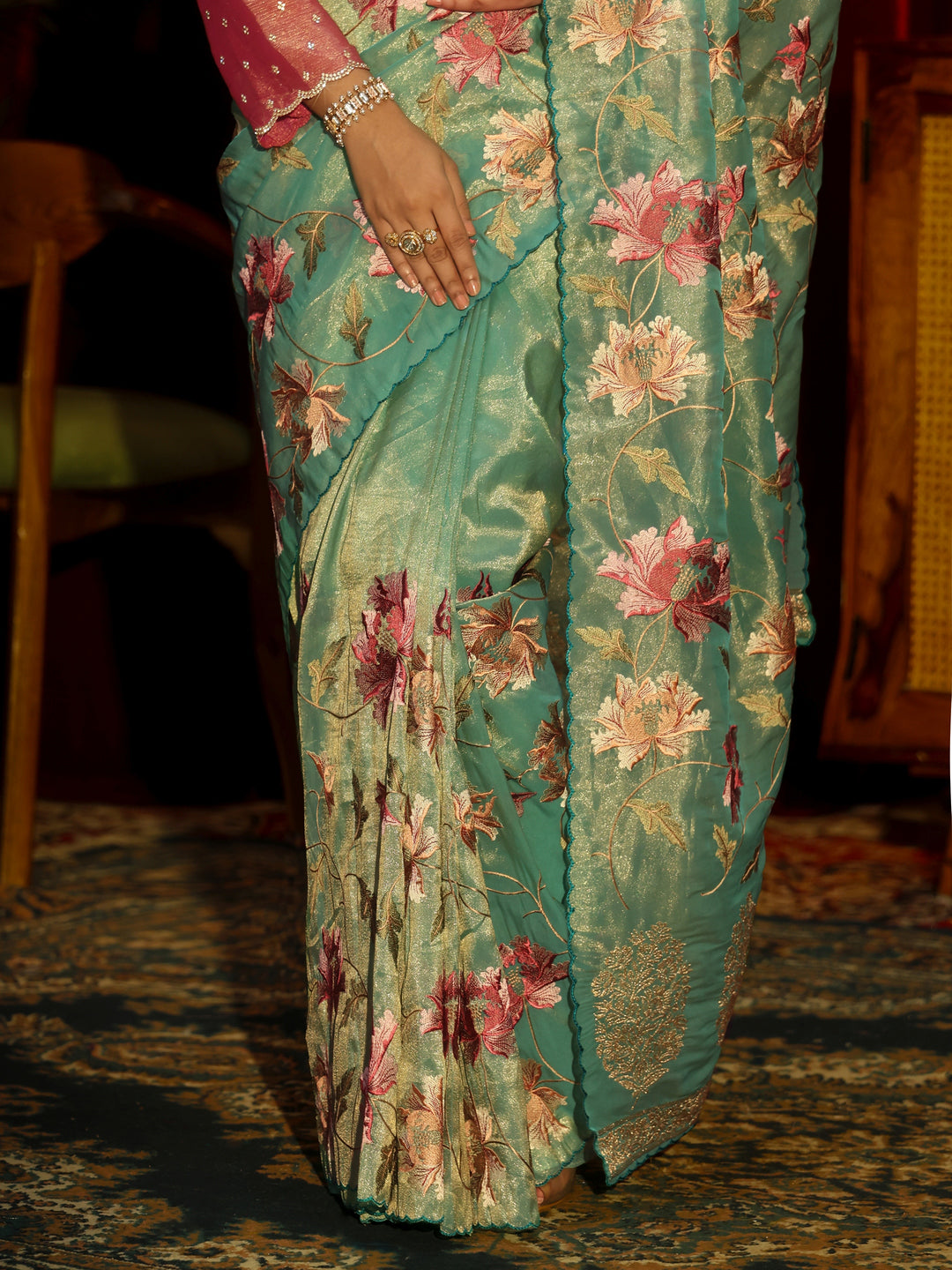 Libas Sea Green Floral Printed Organza Saree