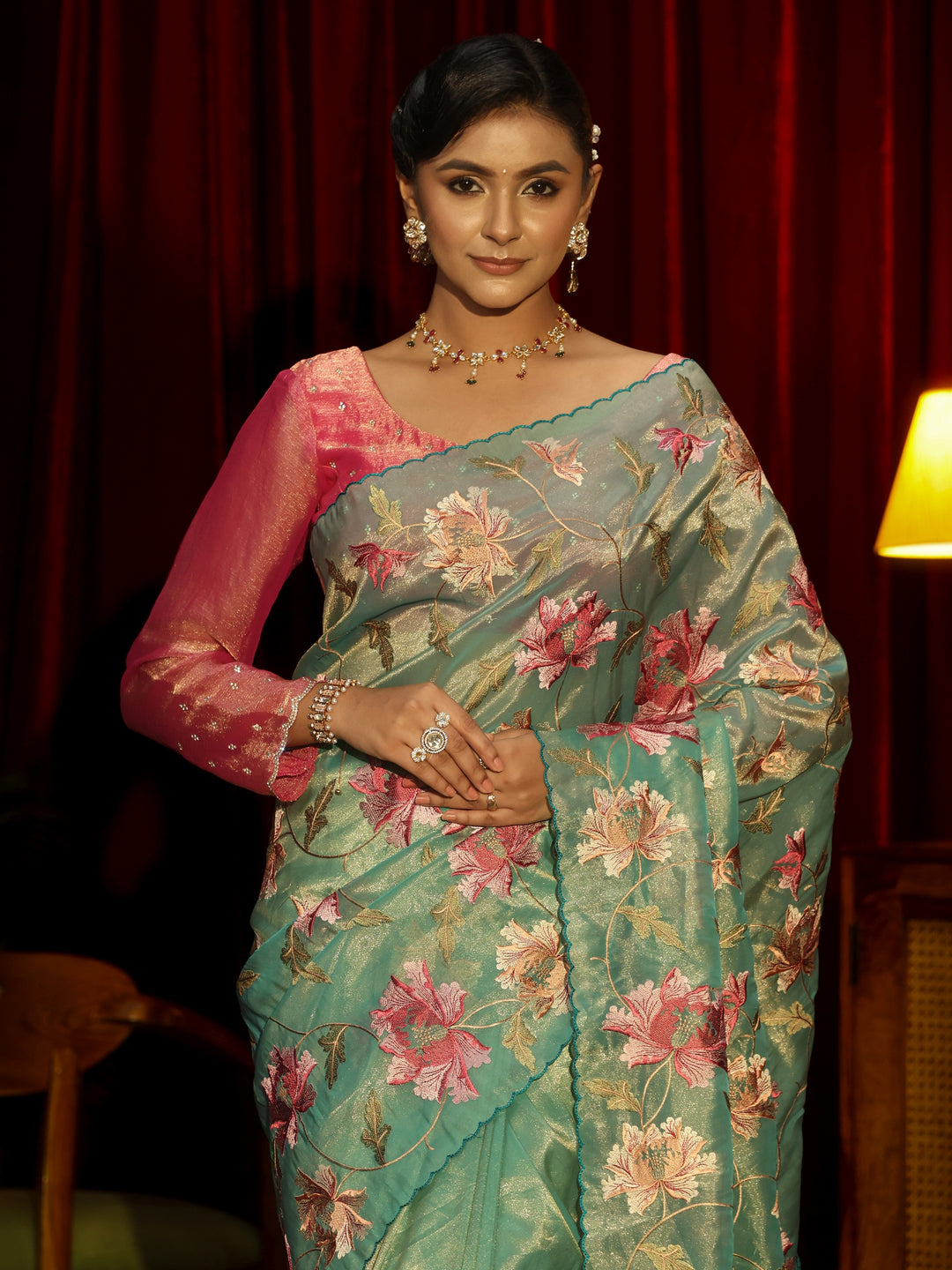 Libas Sea Green Floral Printed Organza Saree