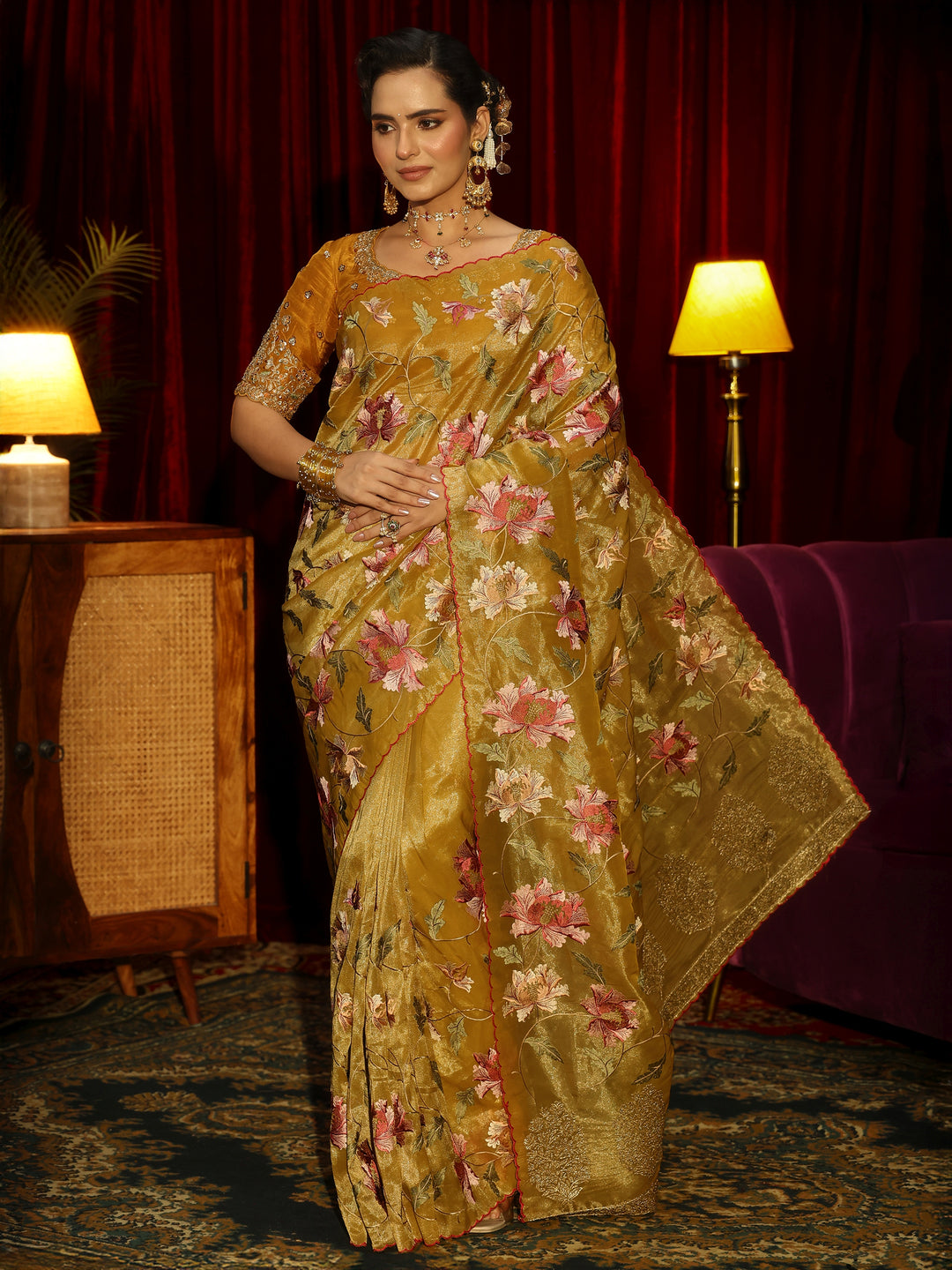 Libas Mustard Floral Printed Organza Saree