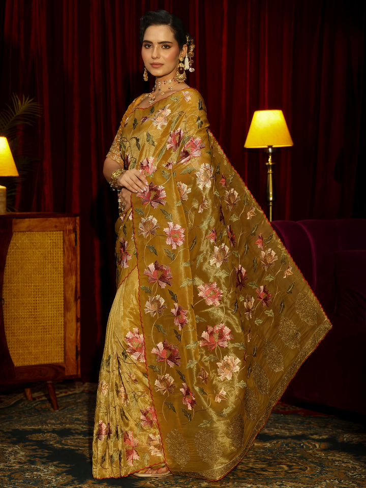 Libas Mustard Floral Printed Organza Saree