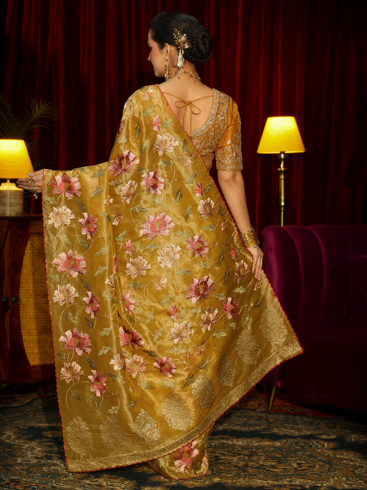 Libas Mustard Floral Printed Organza Saree