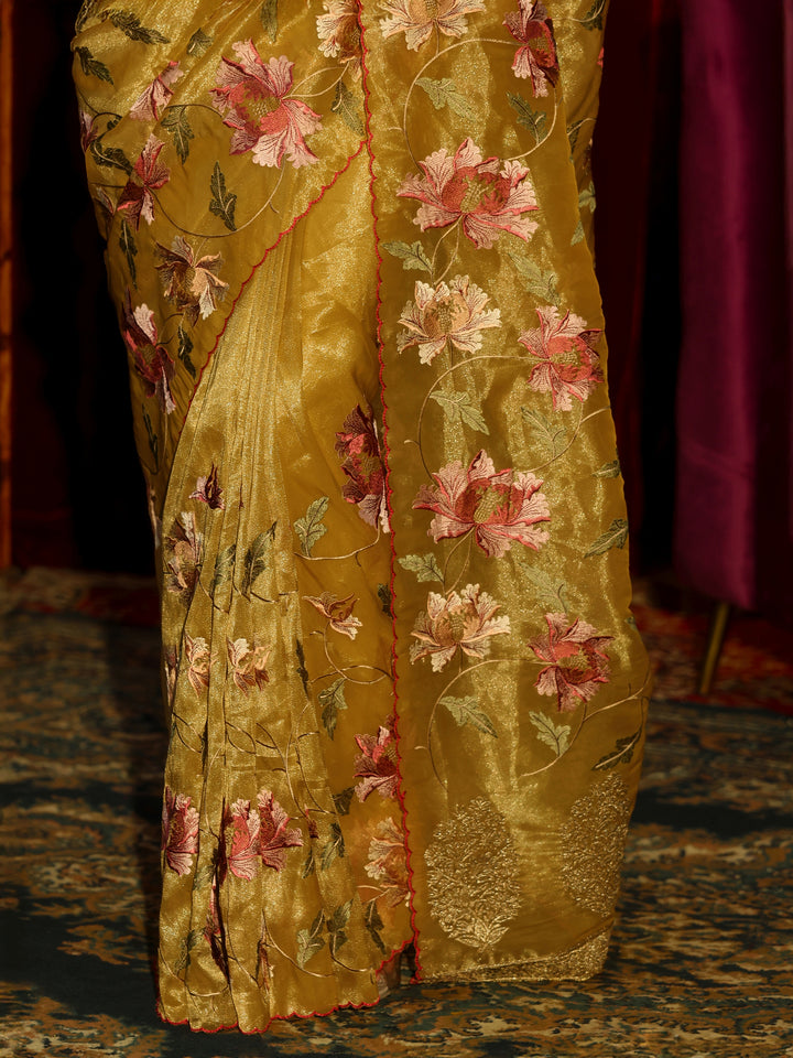 Libas Mustard Floral Printed Organza Saree