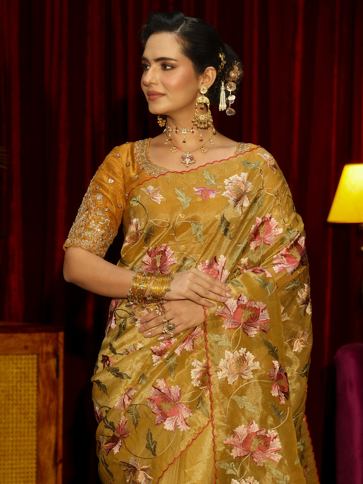 Libas Mustard Floral Printed Organza Saree
