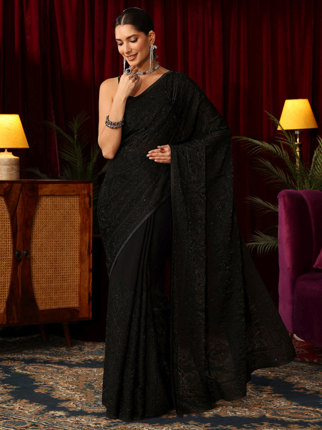 Libas Art Black Embroidered Tissue Saree with Stone Work
