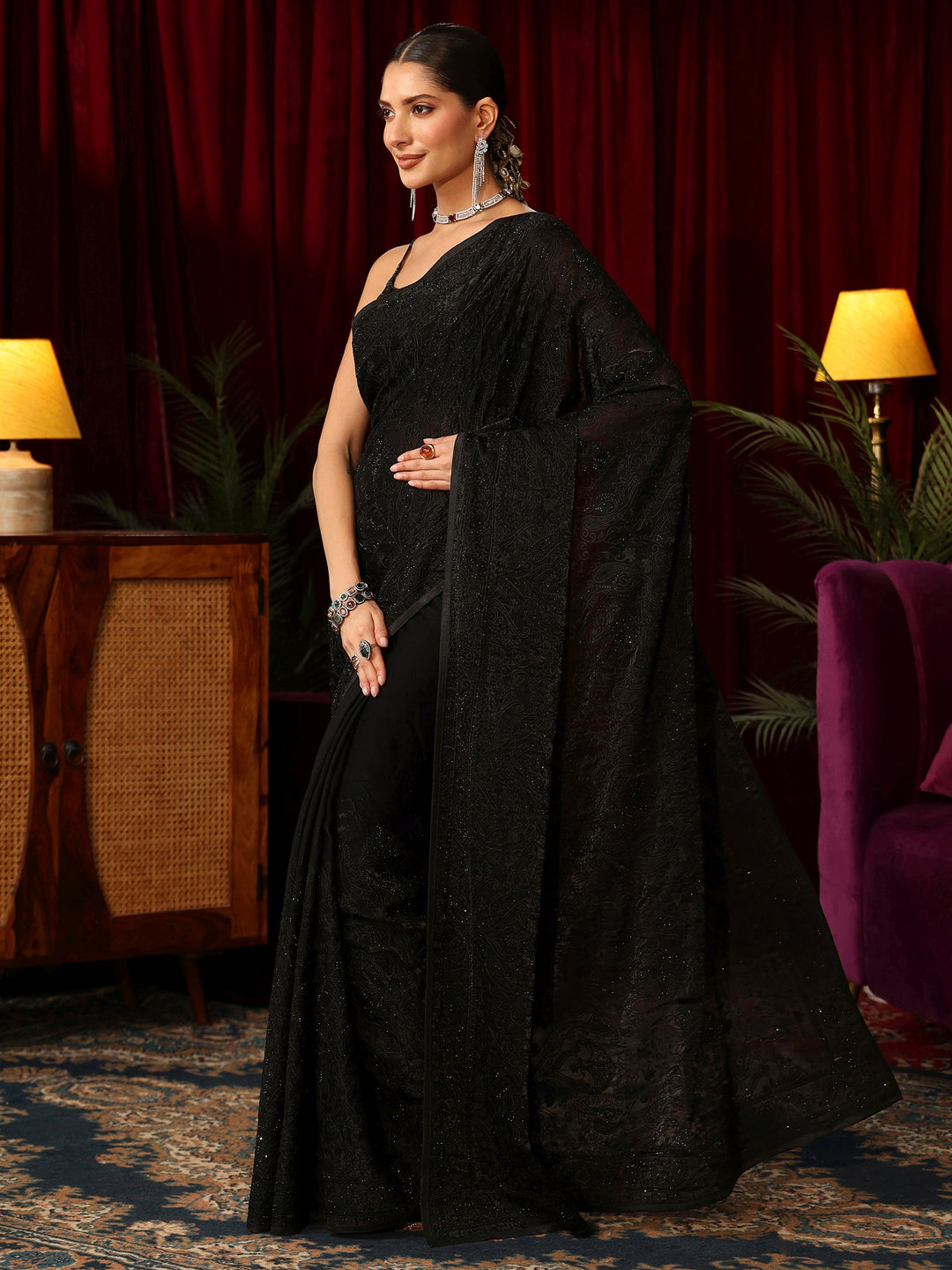Libas Art Black Embroidered Tissue Saree with Stone Work
