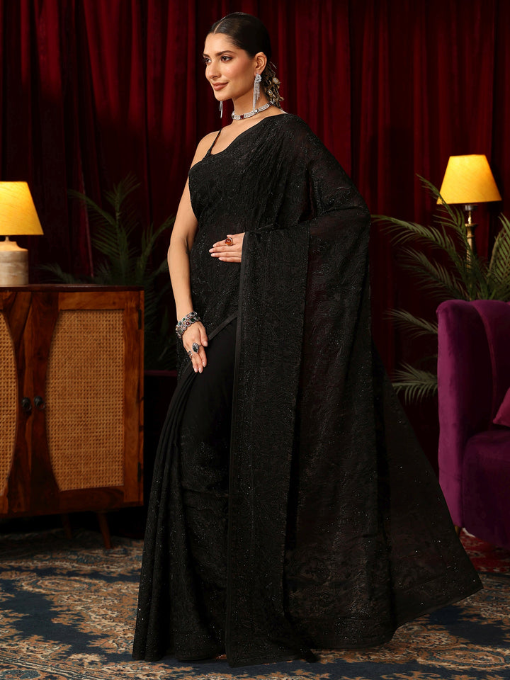 Libas Art Black Embroidered Tissue Saree with Stone Work