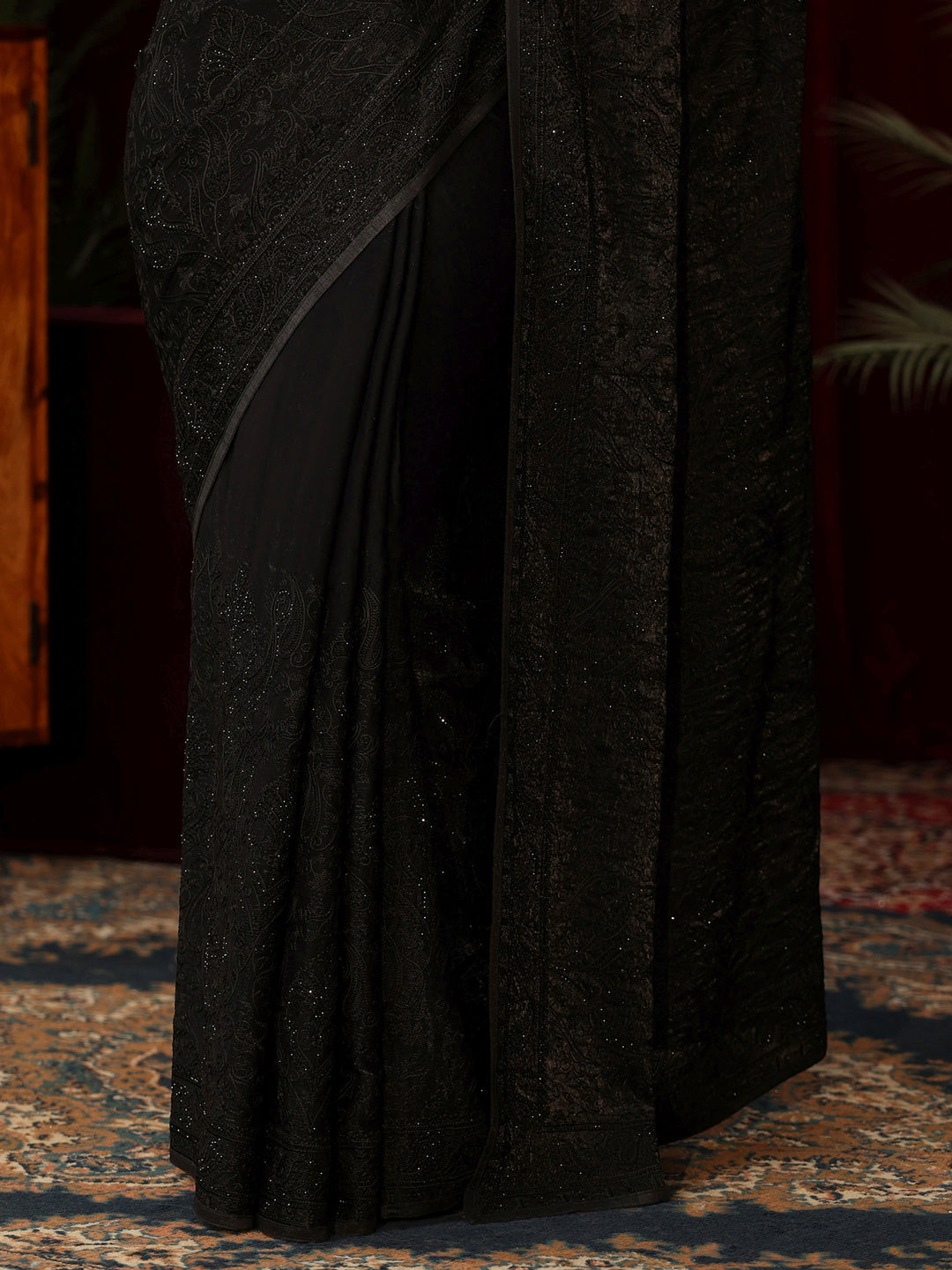 Libas Art Black Embroidered Tissue Saree with Stone Work
