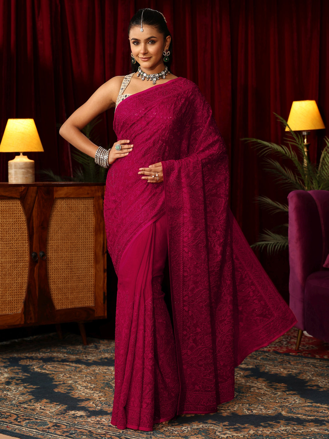 Libas Art Rose Pink Embroidered Tissue Saree with Stone Work
