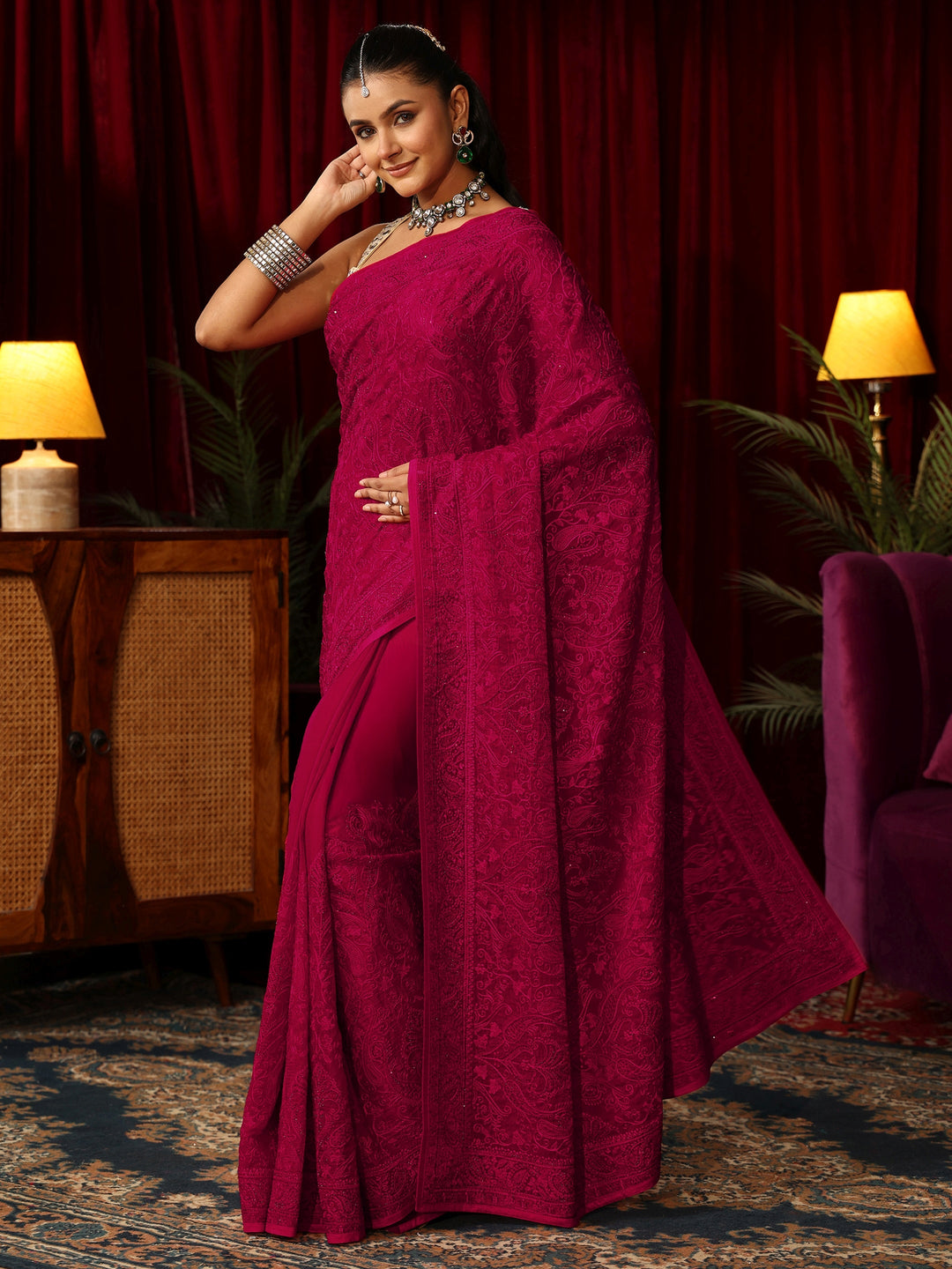 Libas Art Rose Pink Embroidered Tissue Saree with Stone Work