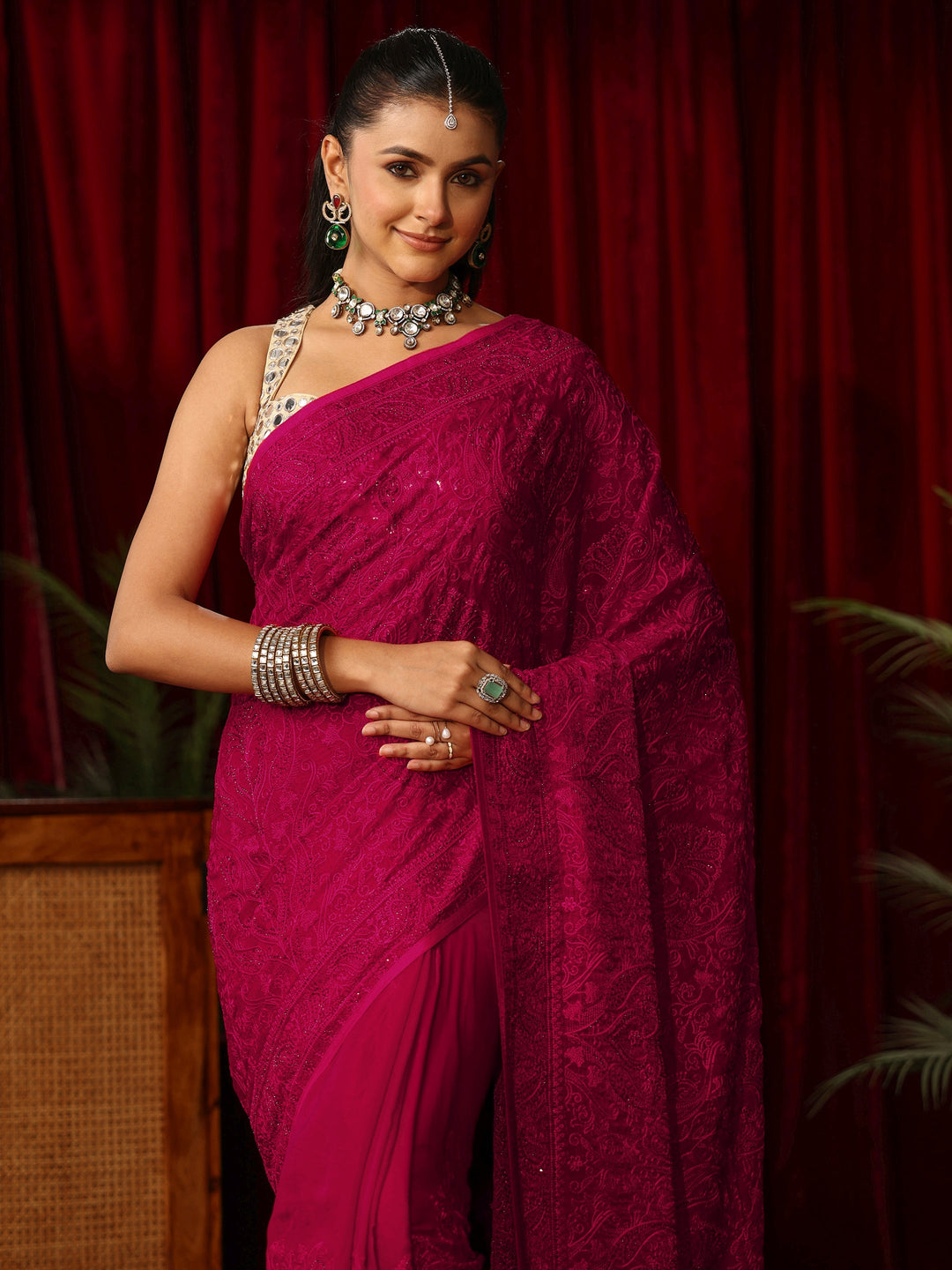 Libas Art Rose Pink Embroidered Tissue Saree with Stone Work