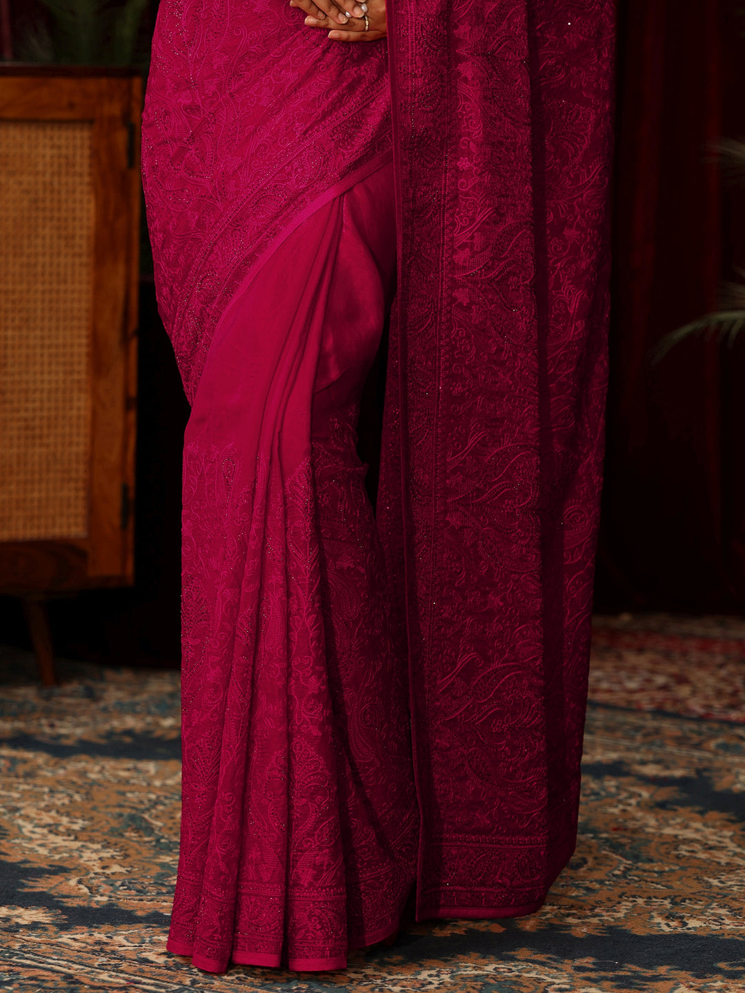 Libas Art Rose Pink Embroidered Tissue Saree with Stone Work