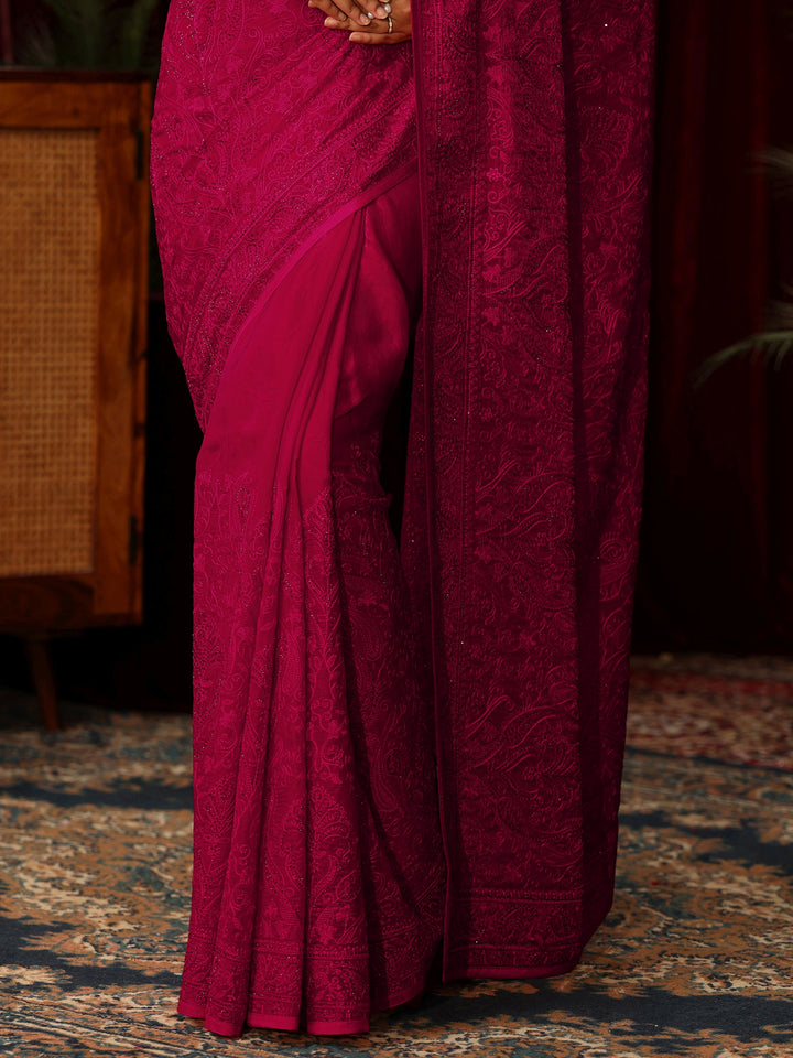 Libas Art Rose Pink Embroidered Tissue Saree with Stone Work