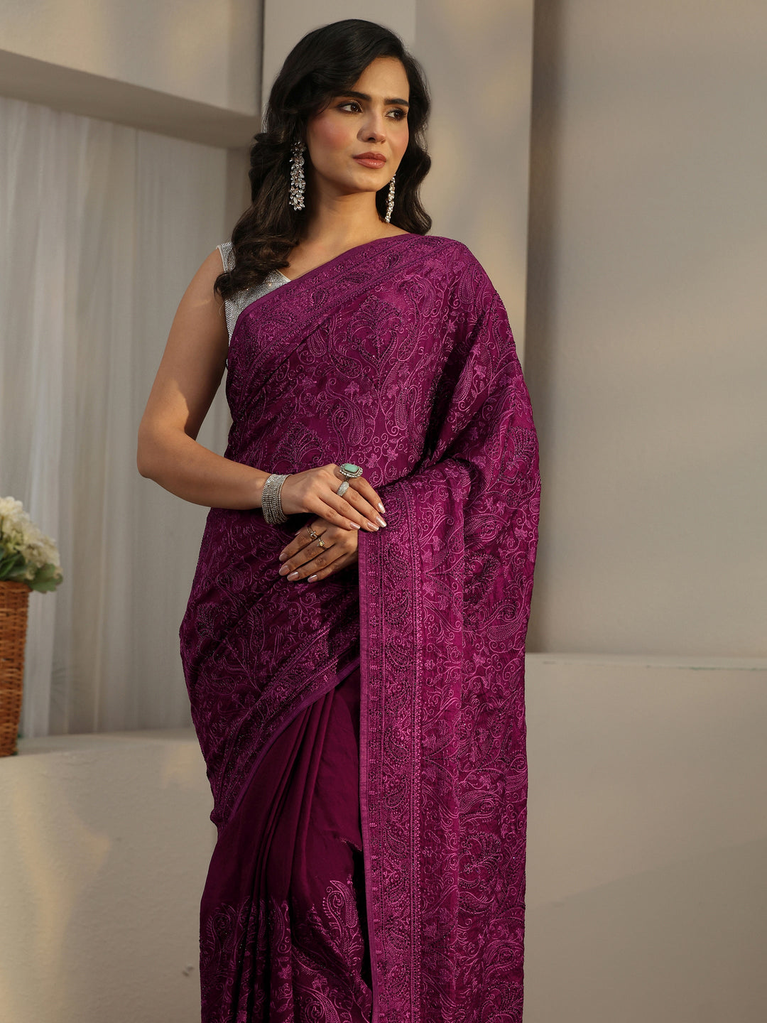Libas Art Burgundy Embroidered Tissue Saree