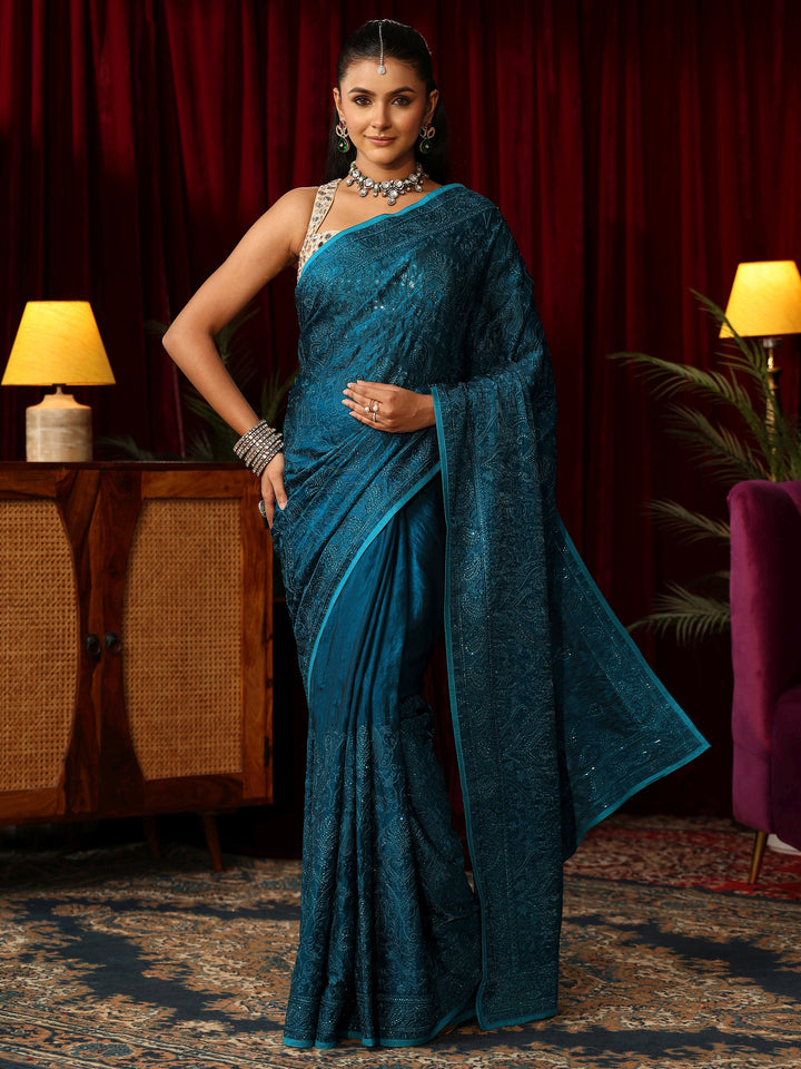 Libas Art Peacock Blue Embroidered Tissue Saree with Stone Work