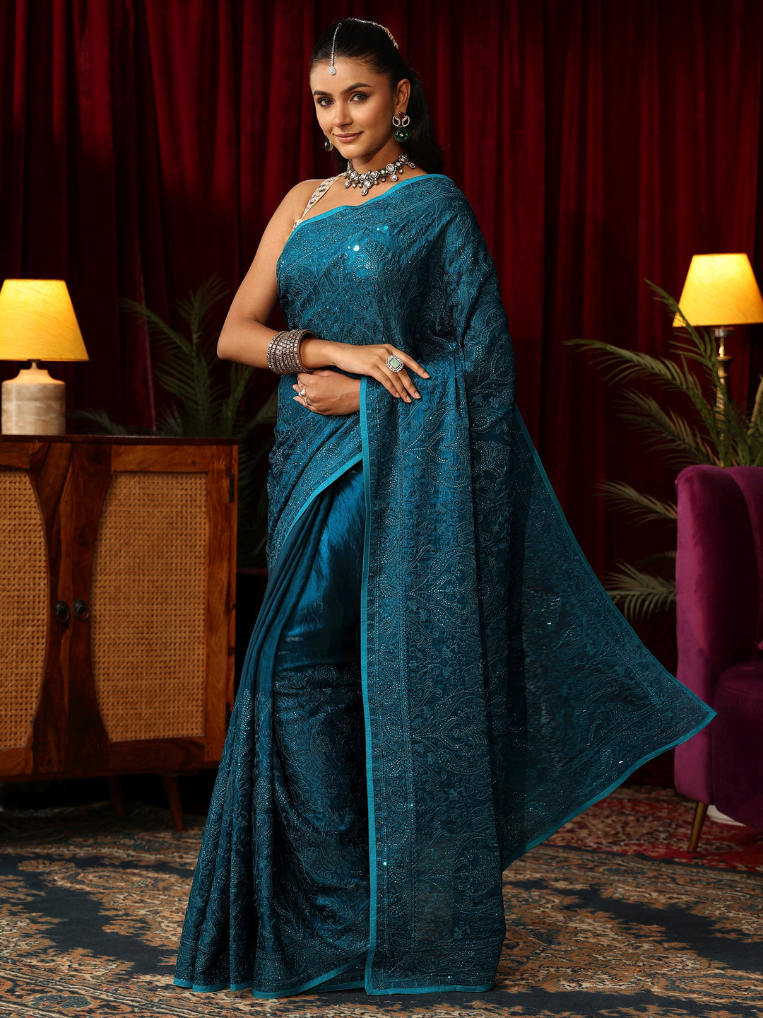 Libas Art Peacock Blue Embroidered Tissue Saree with Stone Work