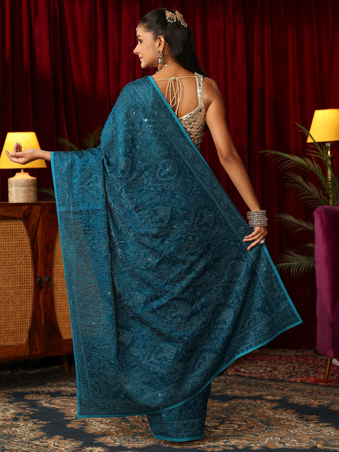 Libas Art Peacock Blue Embroidered Tissue Saree with Stone Work
