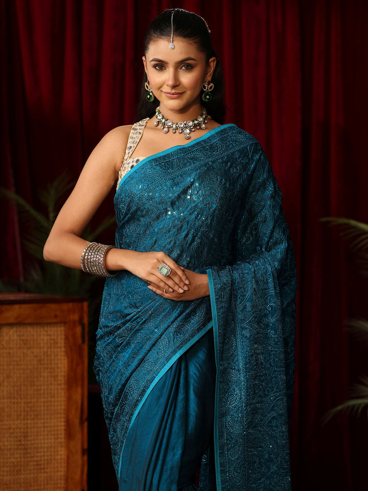 Libas Art Peacock Blue Embroidered Tissue Saree with Stone Work