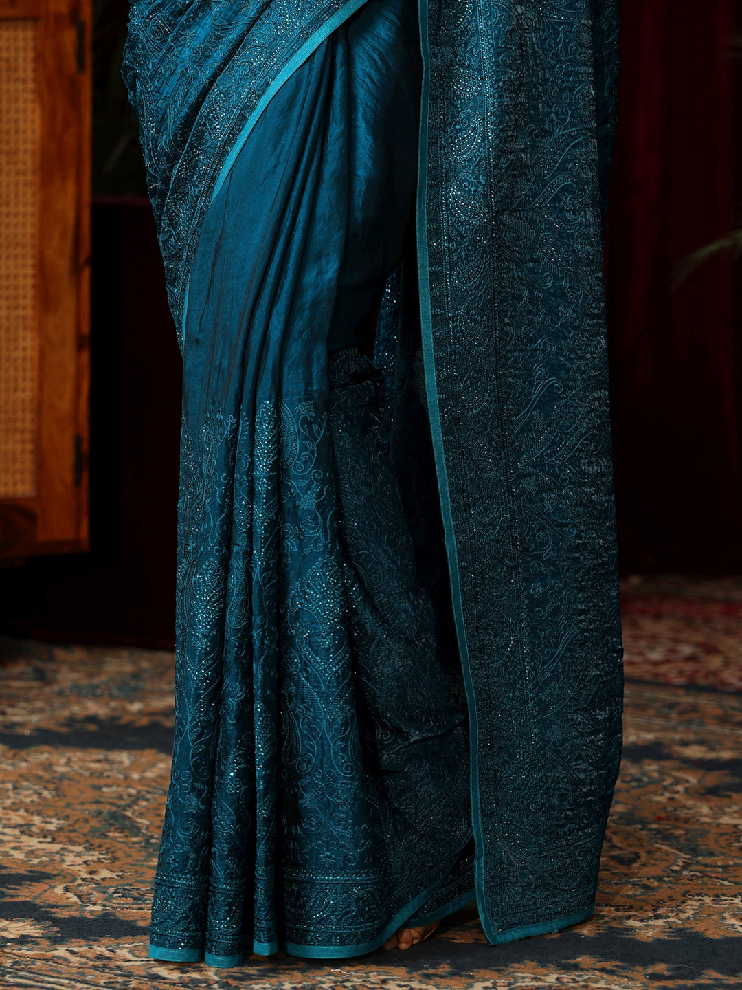 Libas Art Peacock Blue Embroidered Tissue Saree with Stone Work