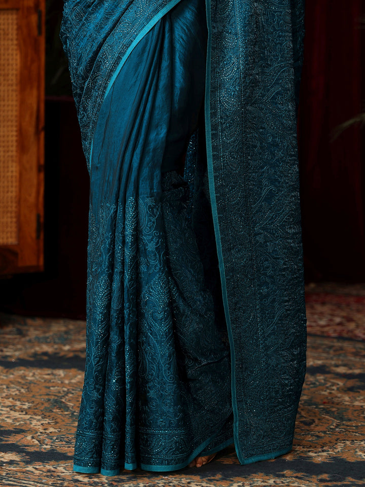 Libas Art Peacock Blue Embroidered Tissue Saree with Stone Work
