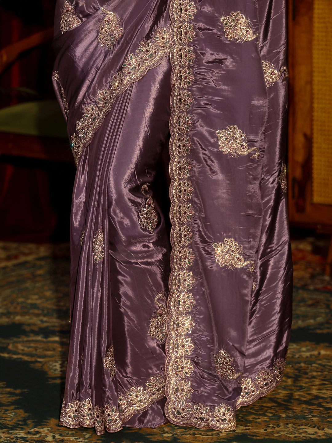 Libas Pansy Purple Stone Work Embellished Silk Blend Saree
